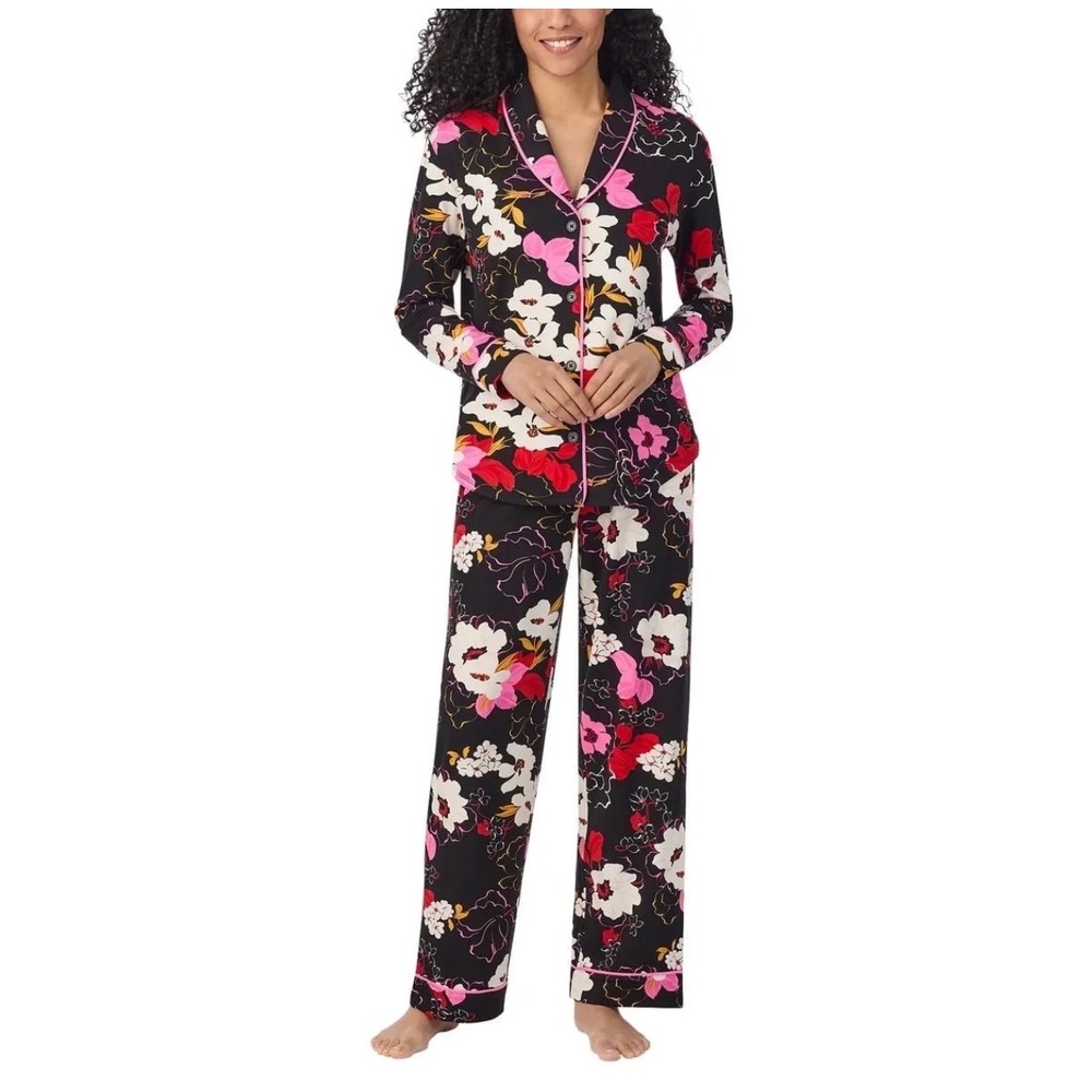 Romantic Room Service Womens Floral Pajama Set Black Pink Long Sleeve 2 Piece
